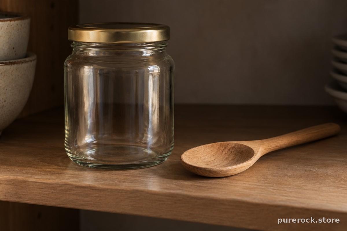 A tightly closed glass jar and a dry wooden spoon on a shelf inside a dim cupboard, suggesting cool dry storage