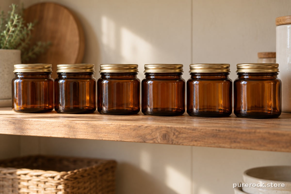 A tidy row of small sealed amber glass jars on a wooden pantry shelf, suggesting careful sourcing and purity checks when choosing a product