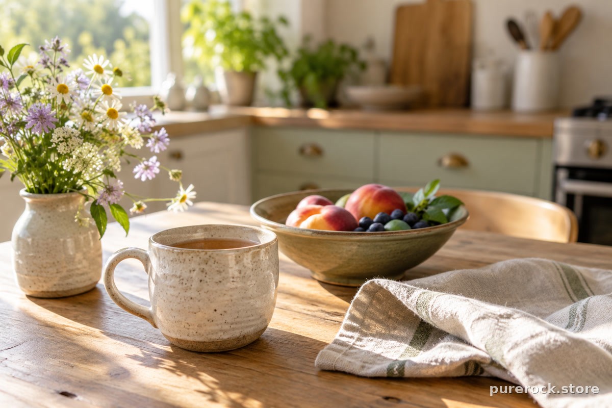A sunlit kitchen table with a mug of tea, a bowl of fruit and wildflowers, suggesting an ordinary calm morning routine behind everyday energy