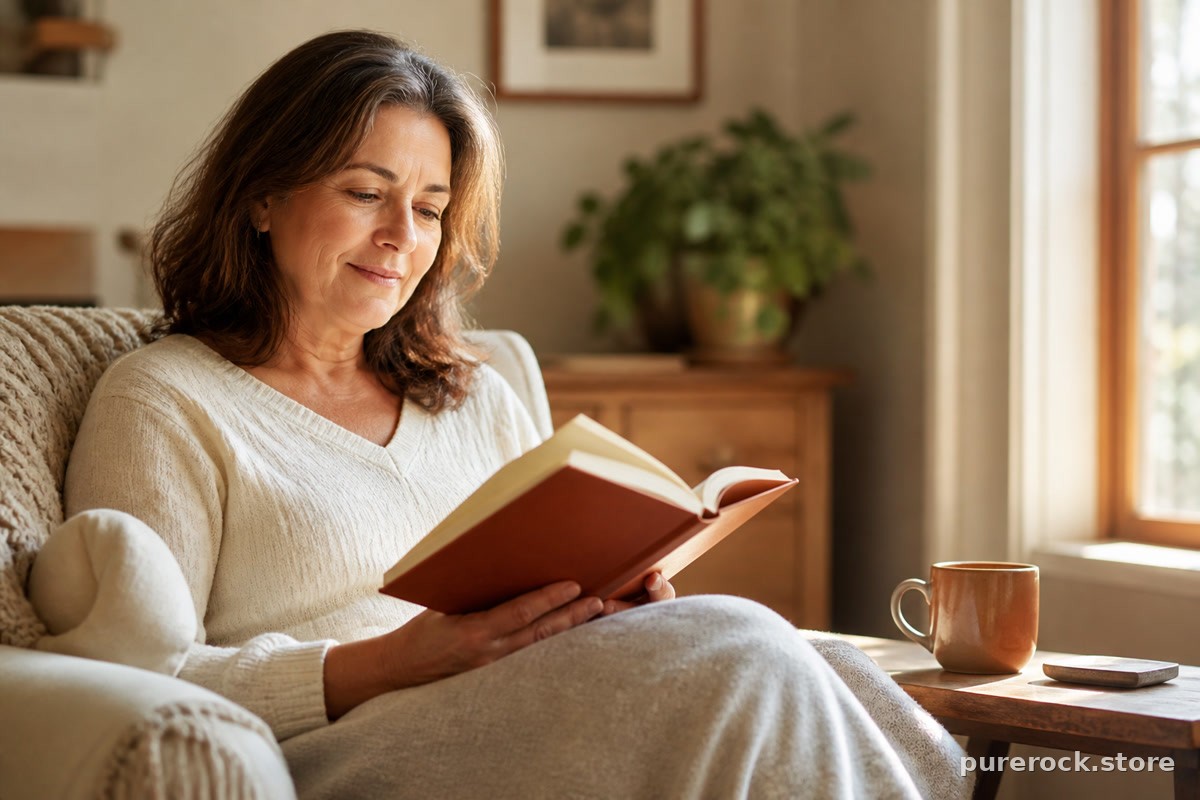 A middle-aged woman in a calm indoor setting, representing perimenopause wellness