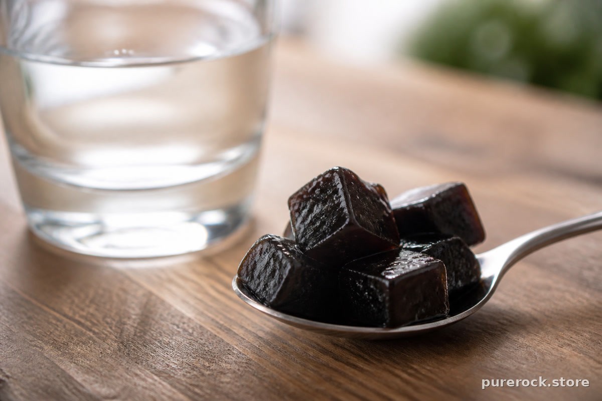 Close-up of chewy shilajit gummies on a spoon next to a glass of water
