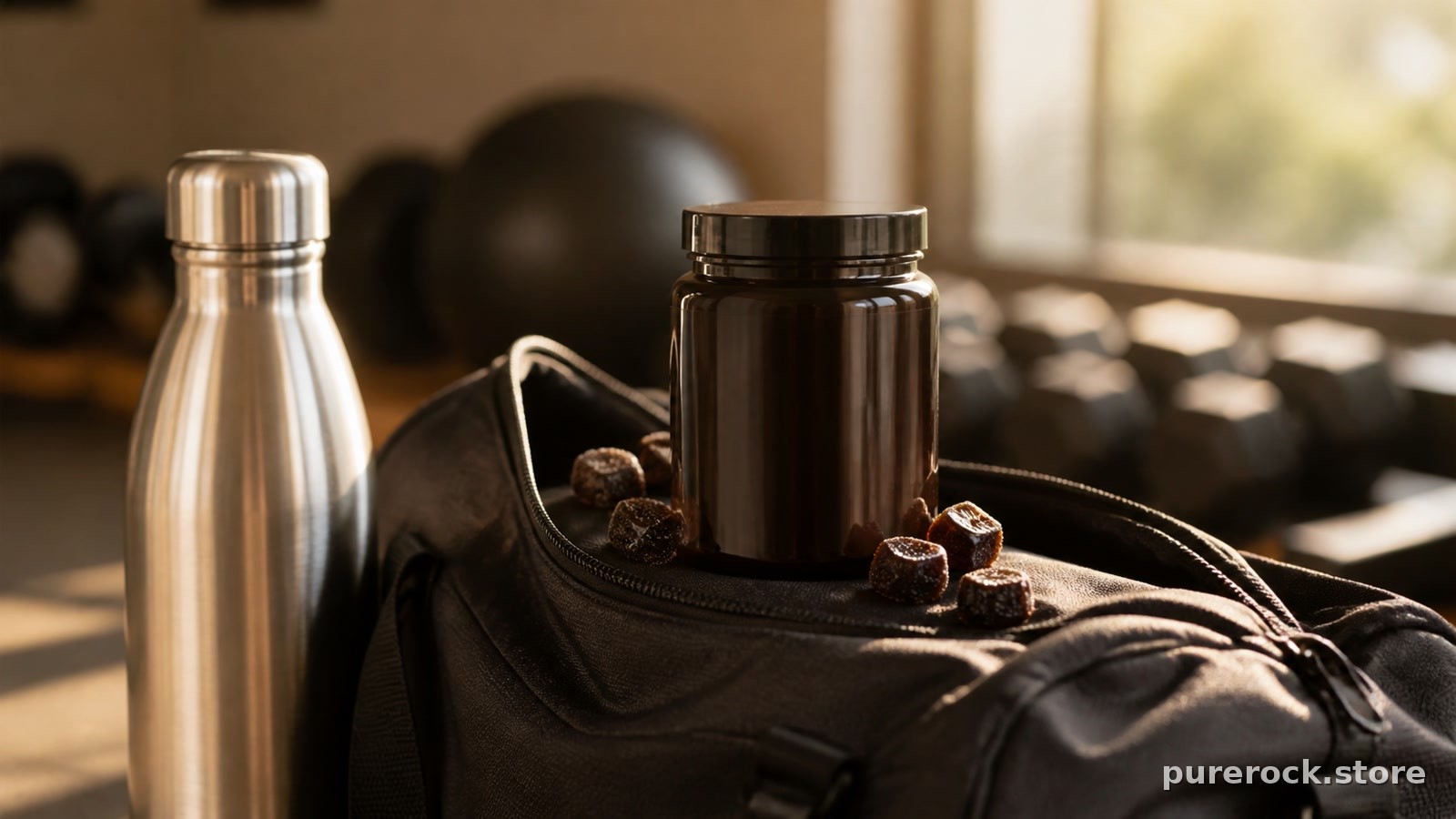 A jar of dark shilajit gummies on a gym bag beside a water bottle