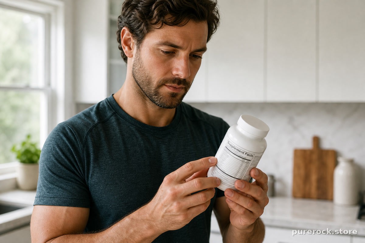 Man reading a supplement label in a kitchen, close-up on ingredient panel