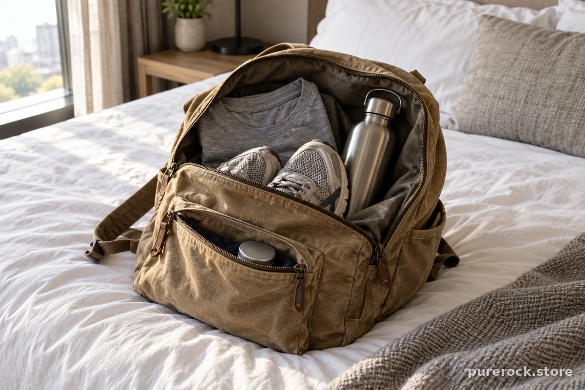 An open daypack on a bed with a water bottle, shoes and a small tin, showing gummies fitting into a travel routine