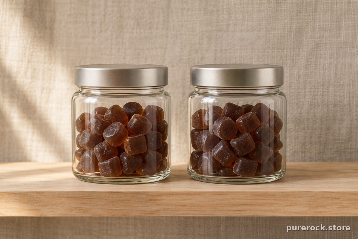 Two identical unlabeled glass jars of dark gummies side by side, showing that men’s and women’s formulas can look the same