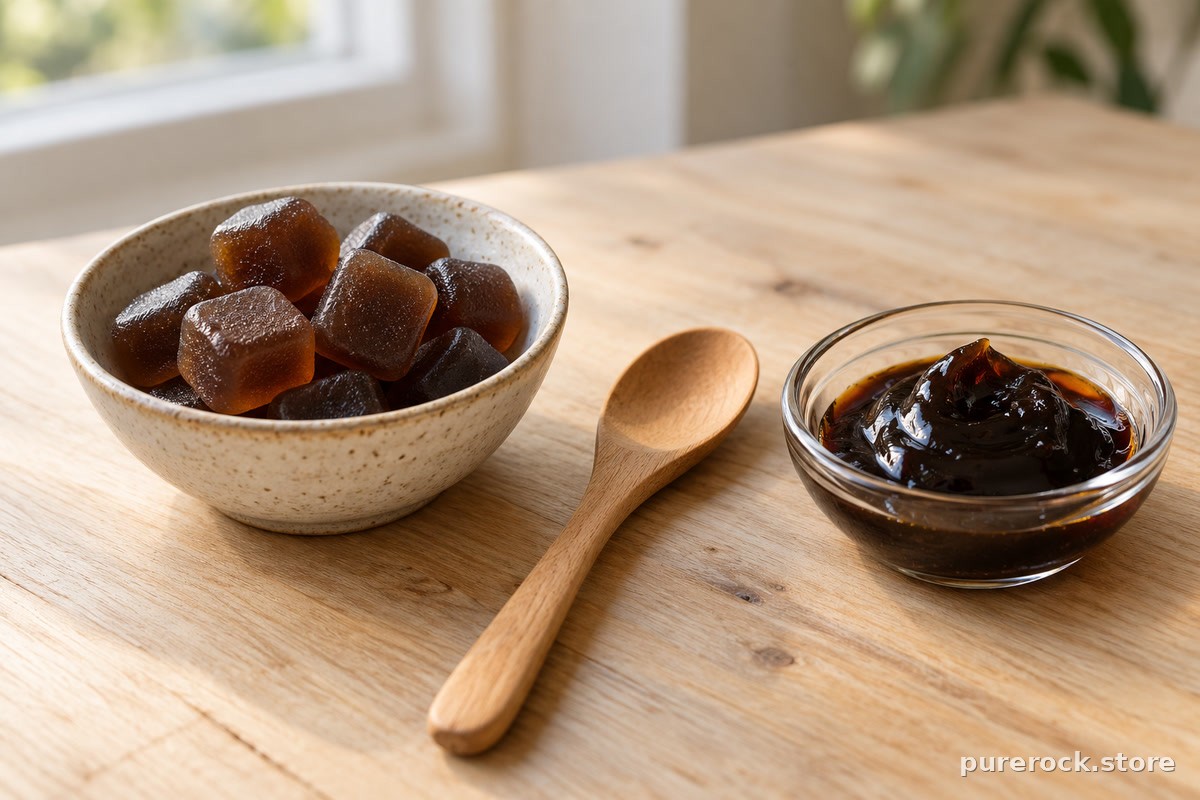 A bowl of dark chewy gummies beside a glass dish of glossy dark resin, contrasting two shilajit formats