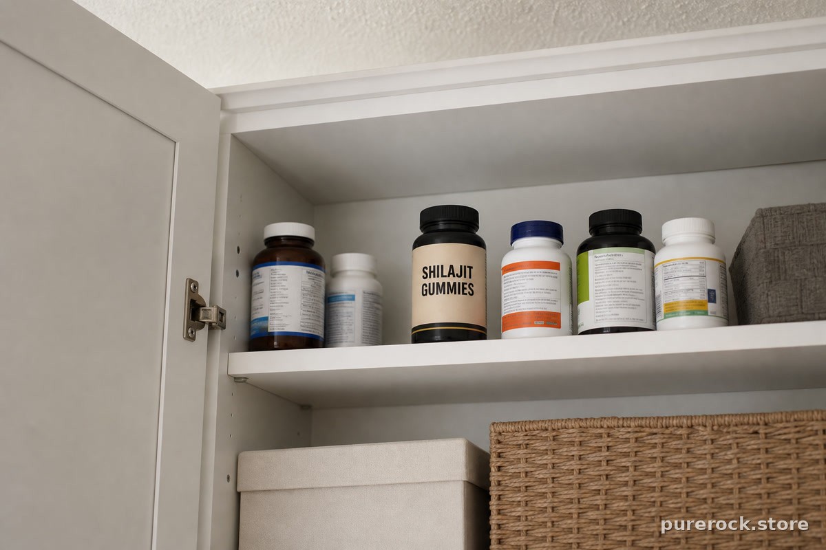 A closed, labeled bottle of shilajit gummies stored on a high shelf next to other supplements, out of easy reach