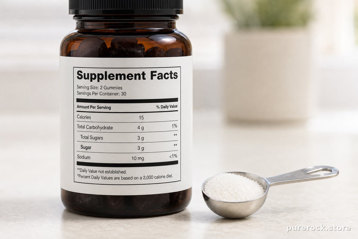 A supplement facts label on a shilajit gummy bottle showing sugar content per serving, alongside a small measuring spoon of sugar