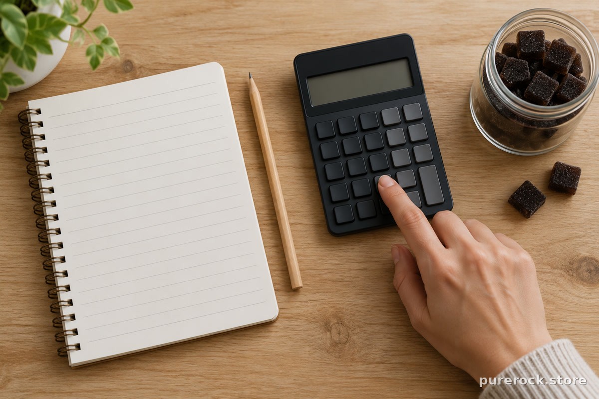 A hand at a calculator beside a blank notebook and an unlabeled jar of dark gummies, illustrating cost per dose math