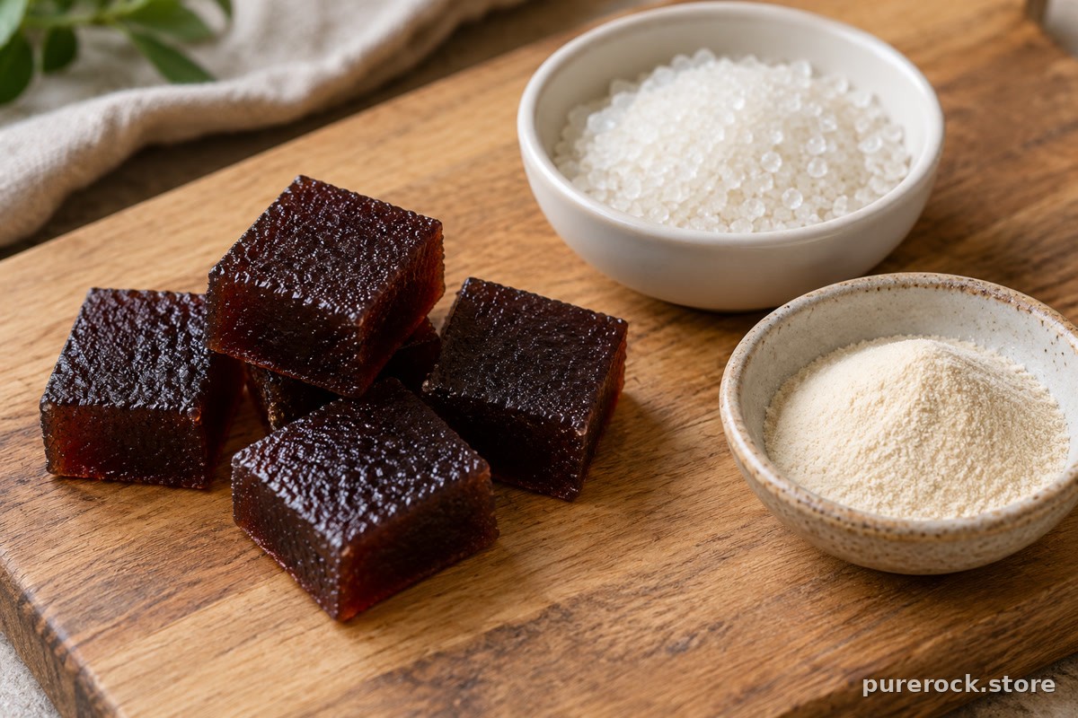 A close view of a few unbranded dark square gummies beside a small bowl of sugar crystals