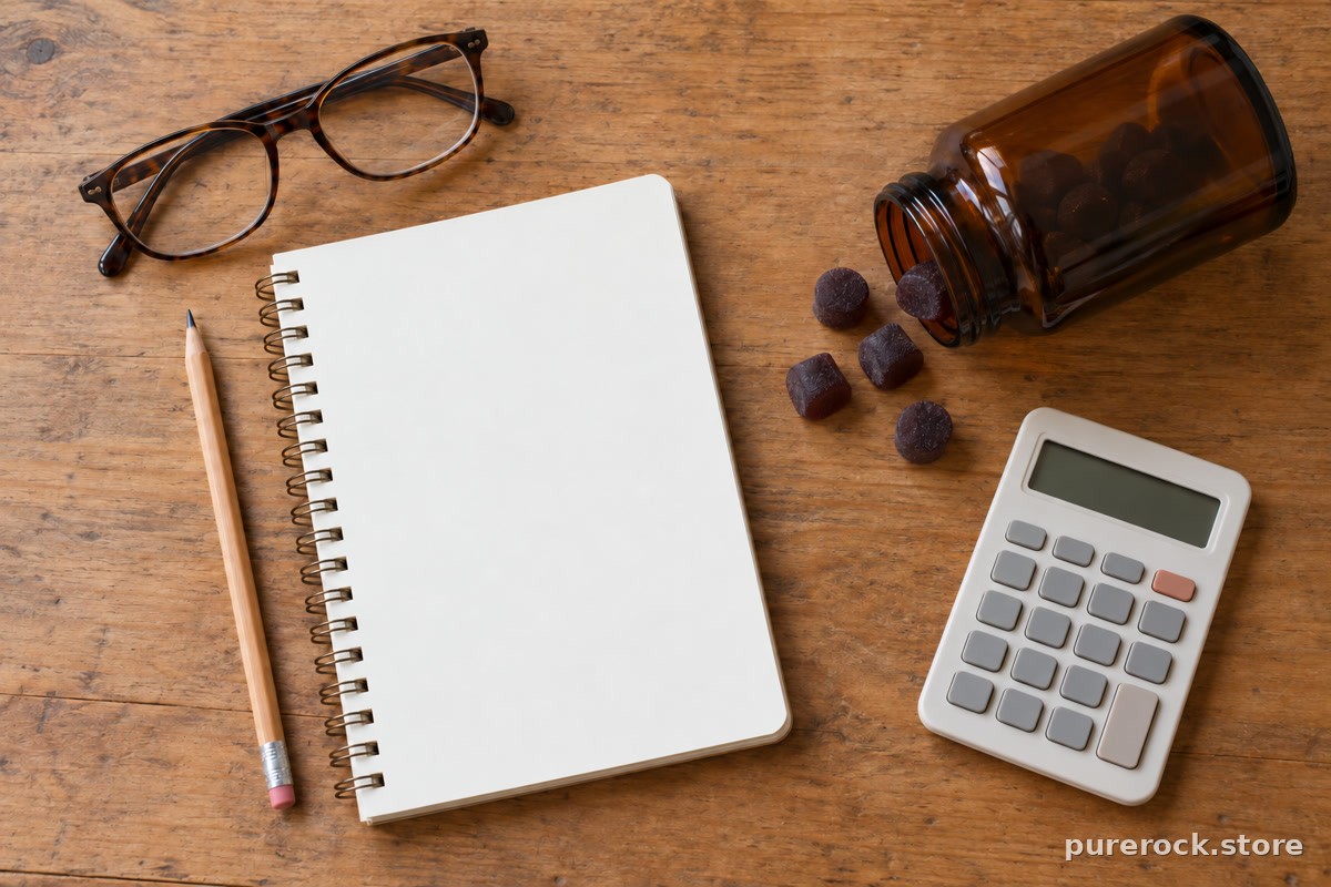 Reading glasses, a pencil and a blank notepad beside a plain unlabeled jar with a few dark gummies spilling out