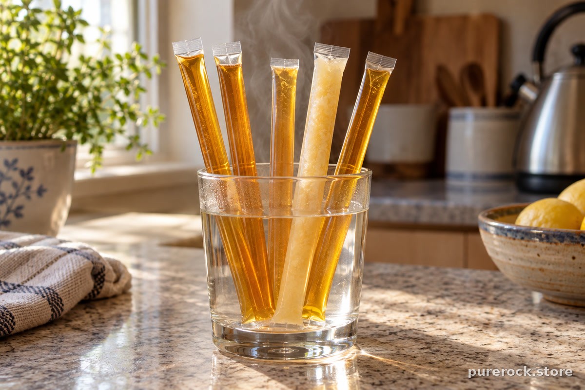 Several unbranded honey sticks in a glass of warm water, one visibly cloudy with crystallized honey