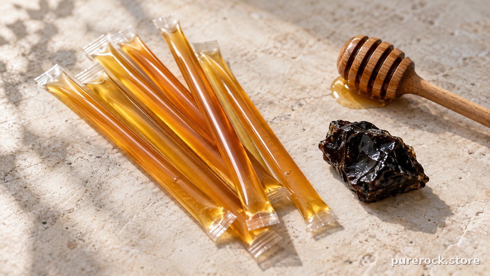 Unbranded amber honey sticks beside a small piece of dark shilajit resin and a wooden honey dipper on a stone surface