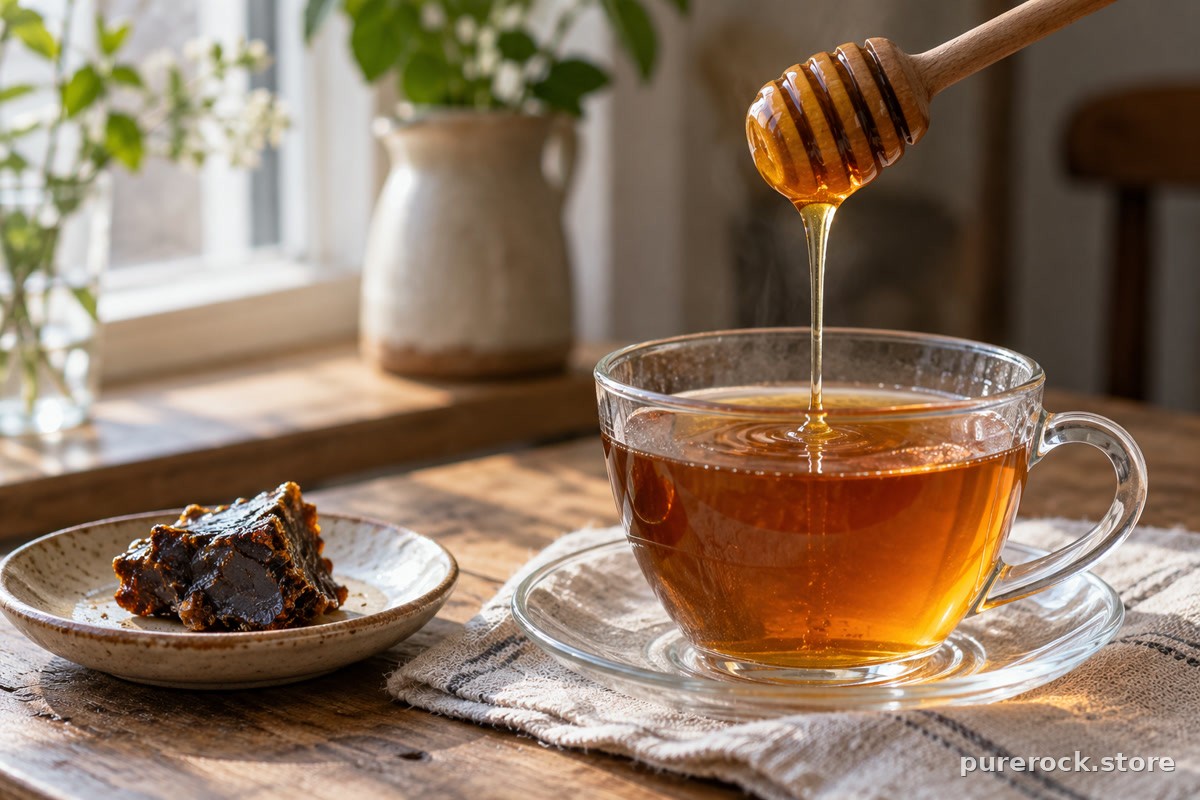 Amber honey drizzling from a wooden dipper into a glass of warm tea beside a piece of dark resin, echoing the traditional way honey softens shilajit