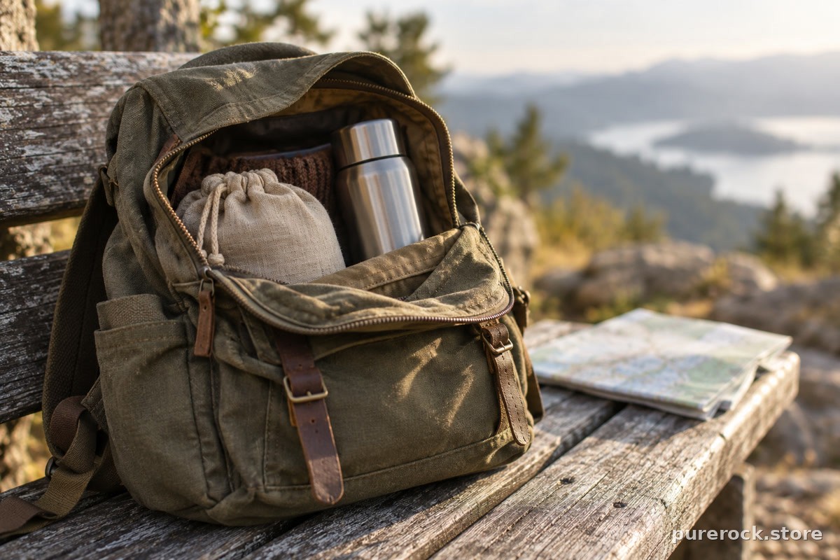 An open canvas daypack with a small pouch and a thermos on a bench, illustrating how portable single-serve formats suit travel