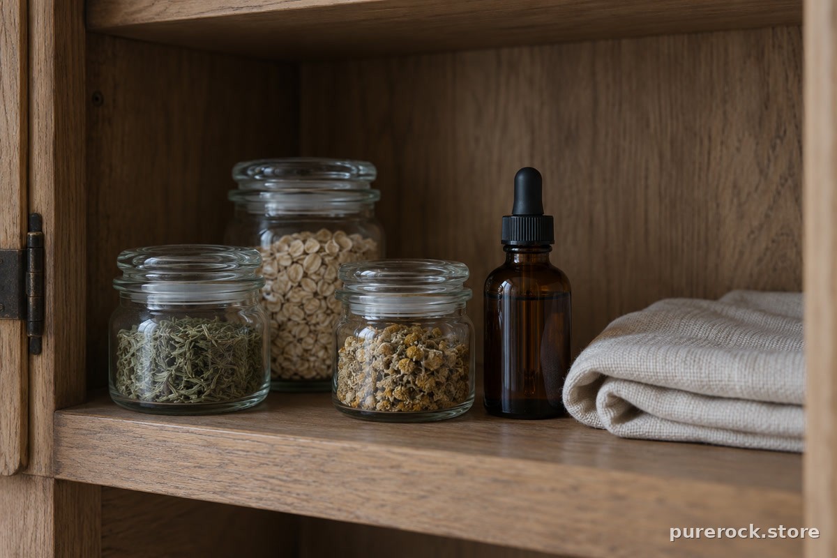 Several unlabeled airtight jars and an amber dropper bottle on a shaded wooden cupboard shelf, illustrating cool dark storage for each shilajit format