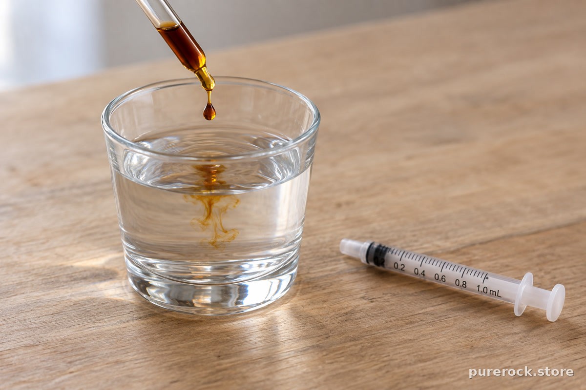 A glass dropper releasing a single dark amber drop into a small glass of water, with a graduated oral syringe lying beside it
