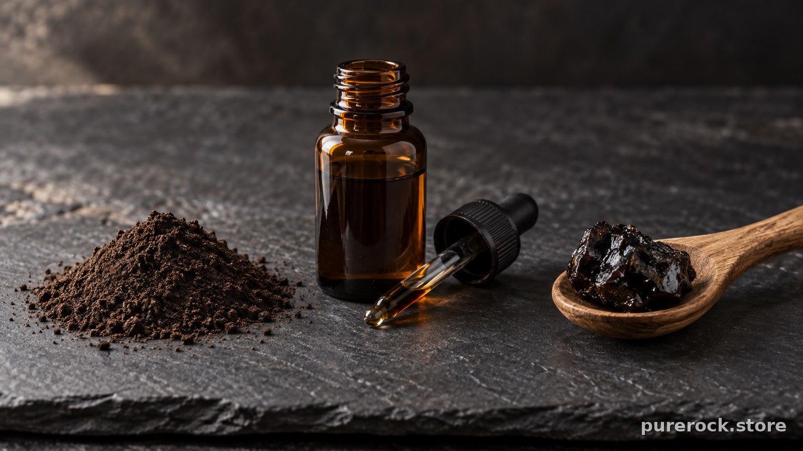 A small mound of dark brown powder on a slate surface beside an amber glass dropper bottle and a spoon of dark resin