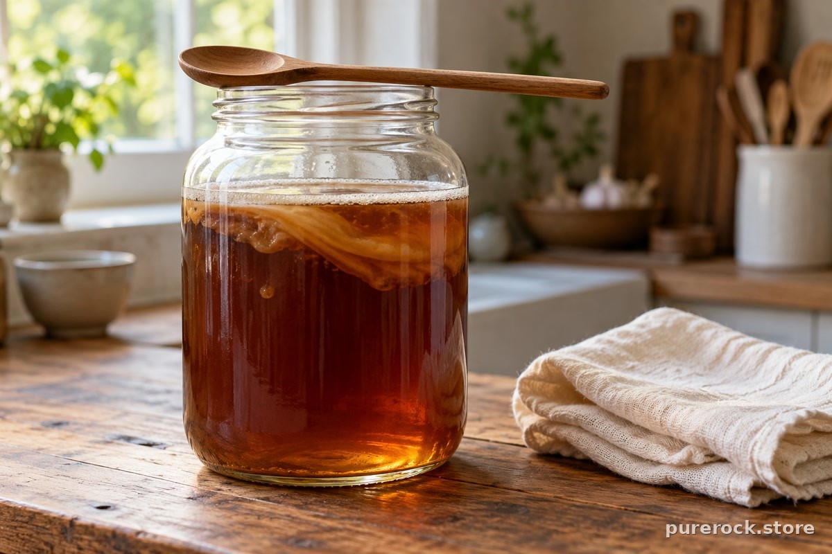 A large glass jar of dark amber liquid with a wooden spoon and folded muslin cloth, illustrating how liquid shilajit is prepared