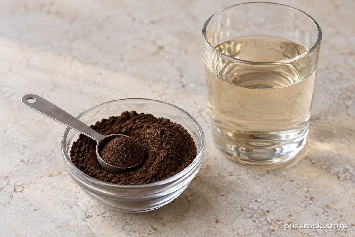 A small glass bowl of fine dark brown shilajit powder beside a clear glass of water on a light stone counter