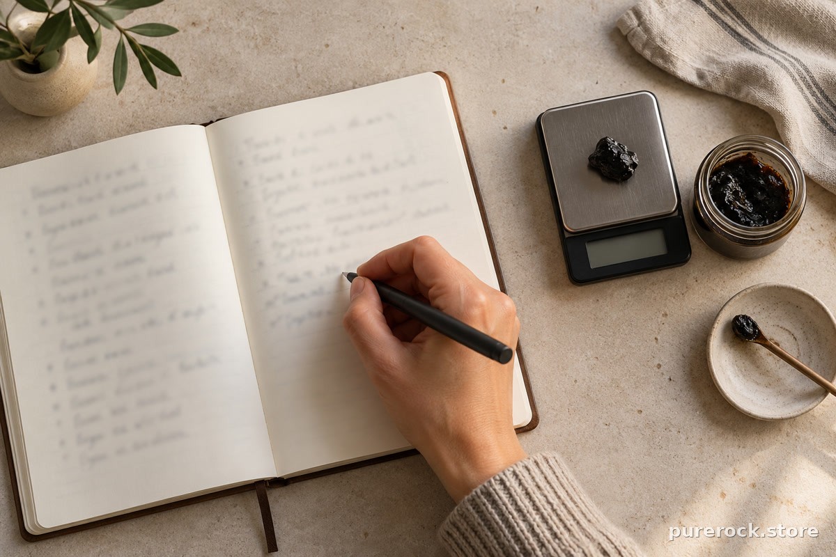 A hand writing a cost-per-serving calculation in a notebook beside a small digital scale and a jar of resin