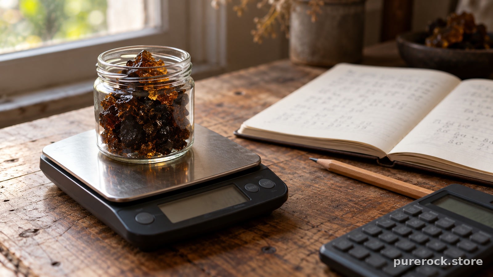 A kitchen scale, a small jar of dark shilajit resin and a notebook with handwritten arithmetic on a wooden table