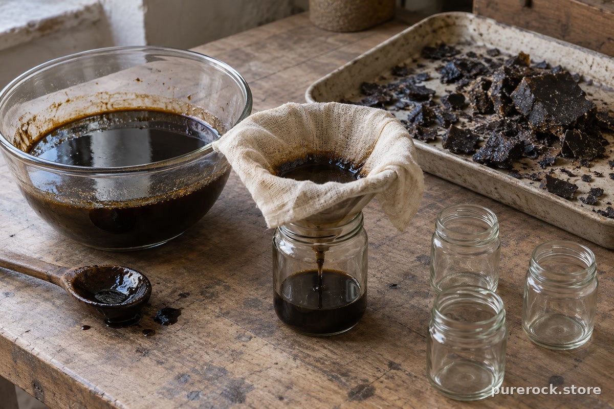 A work surface with a bowl of dark liquid, a cloth filter and a tray of drying material suggesting purification steps