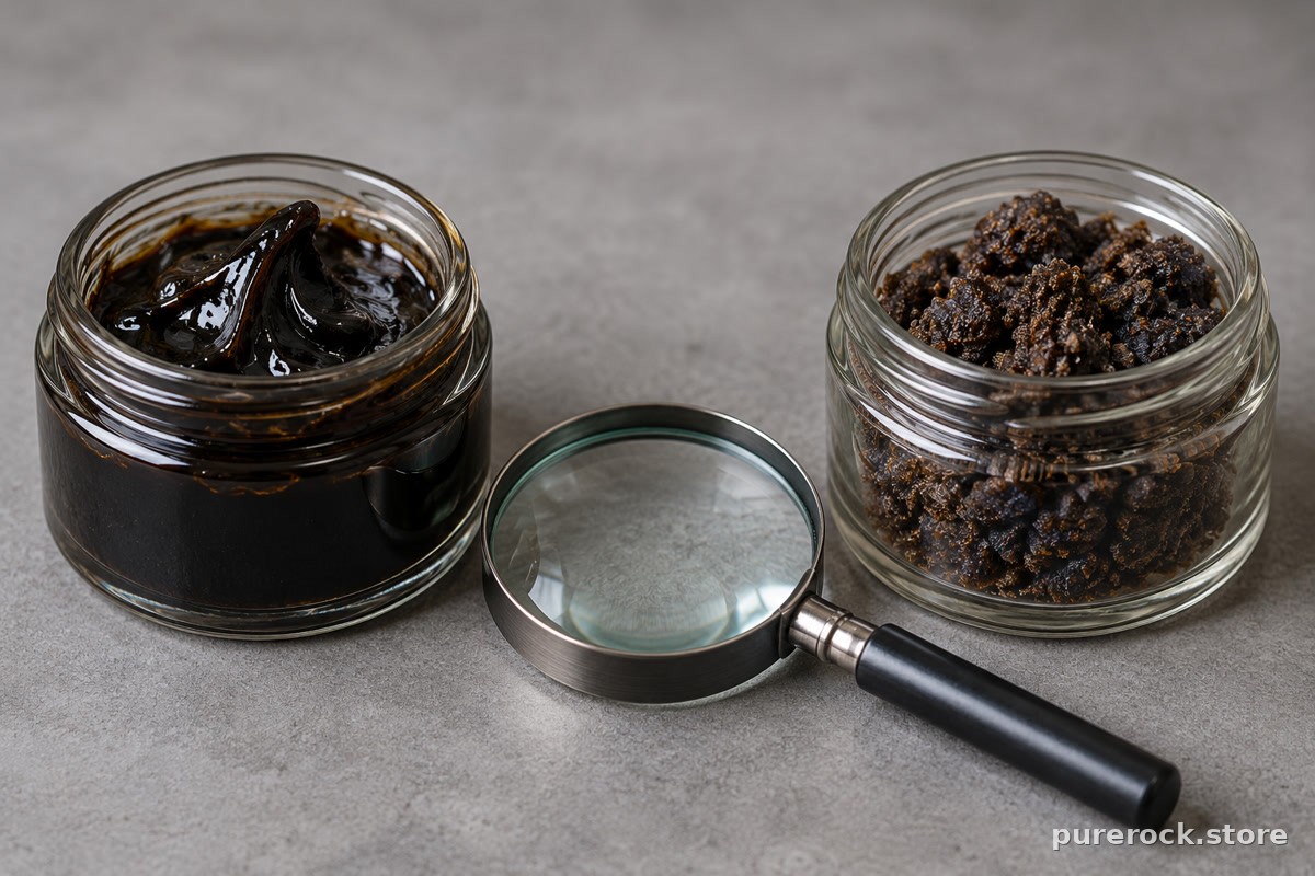Two jars of shilajit resin with visibly different texture, one glossy and smooth and one dull and grainy, with a magnifying glass between them