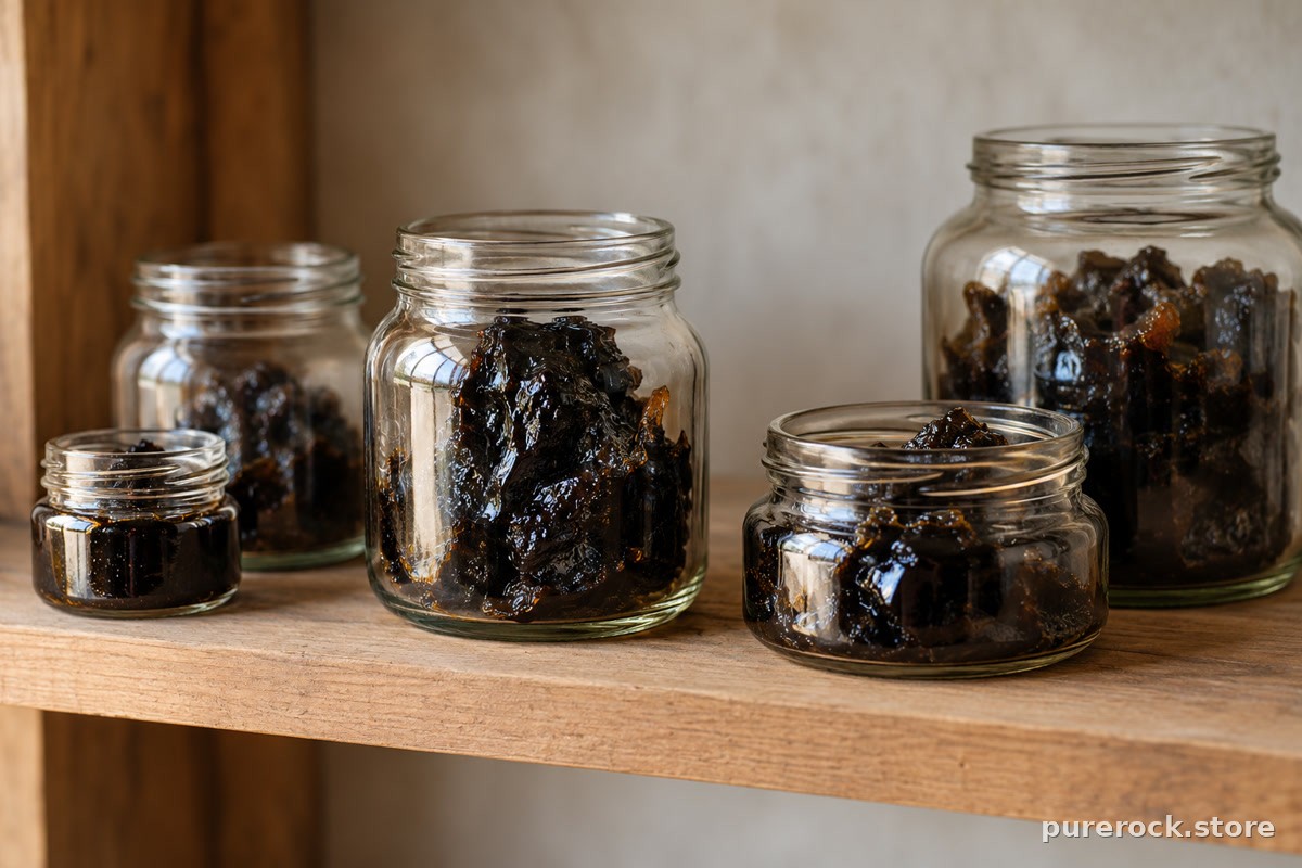 A shelf of unlabeled glass jars in different sizes holding dark resin, showing why price per jar misleads without weight