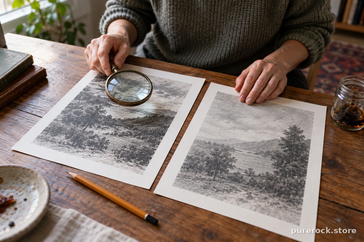 A person comparing two printed pages side by side on a table, with a magnifying glass and a pencil