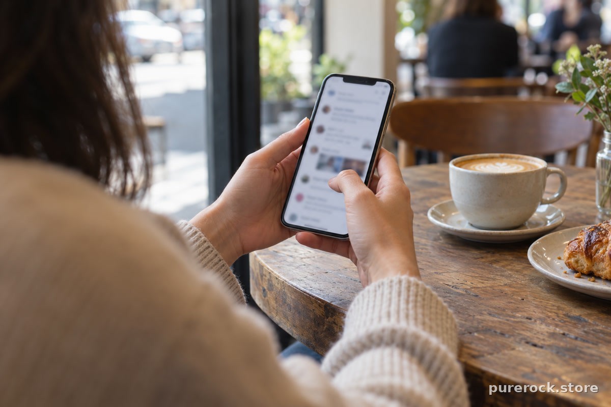 A person scrolling a forum thread on a phone at a cafe table, screen blurred