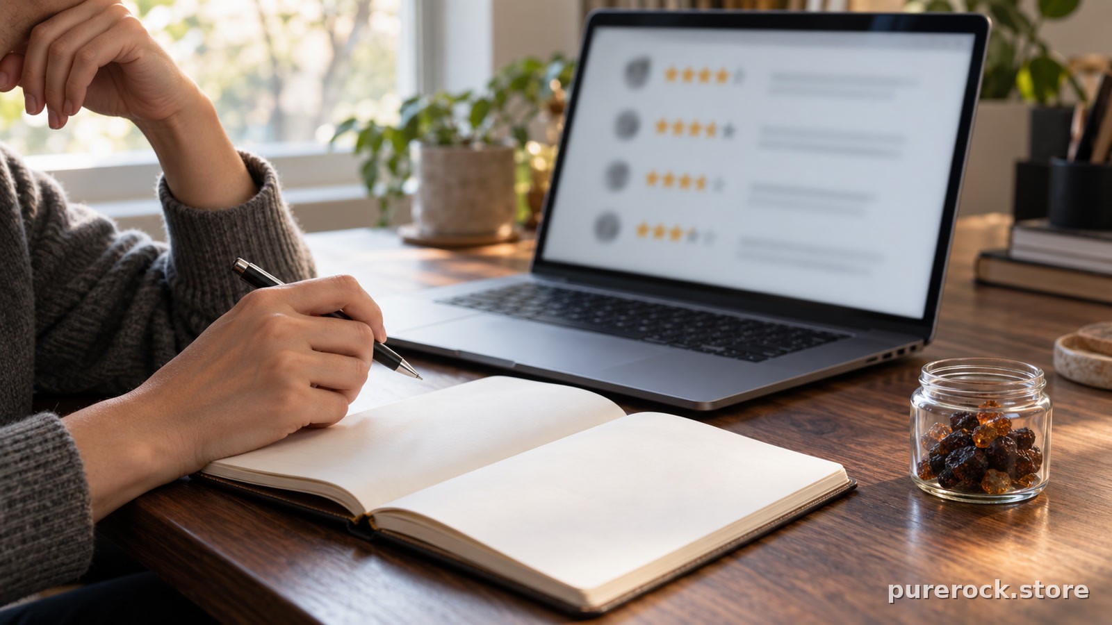 A person at a desk with a laptop showing blurred star ratings, a notebook, and a small unlabeled jar of dark resin in soft daylight