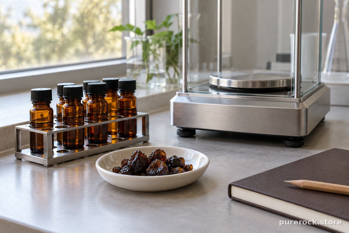Amber vials, an analytical balance and a dish of dark resin on a lab bench, representing independent testing over customer reviews
