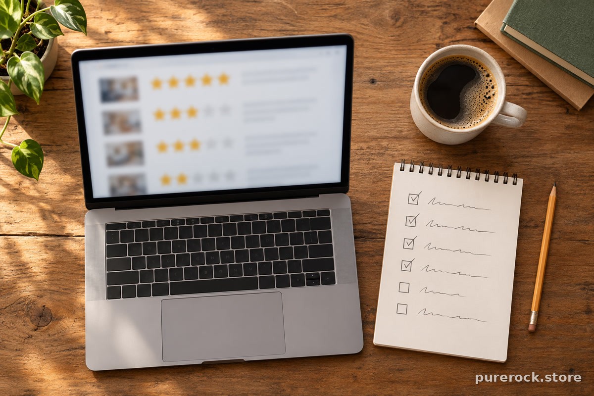 A laptop screen showing a page of blurred five-star ratings next to a handwritten checklist on a desk