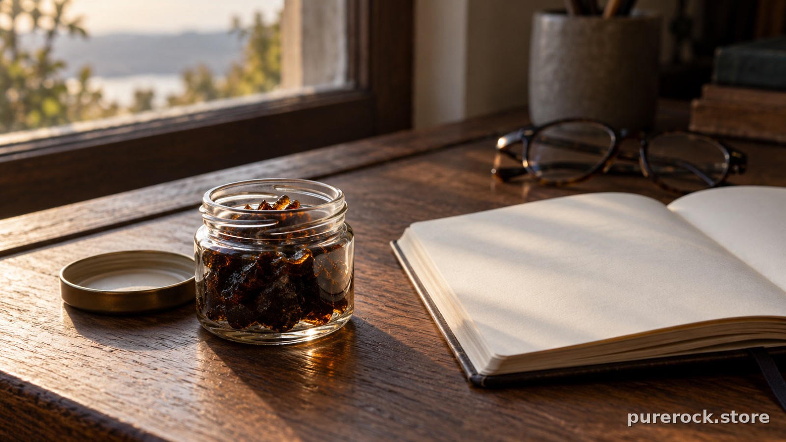 A small unlabeled glass jar of dark mineral resin beside a notebook and reading glasses on a wooden desk in soft window light
