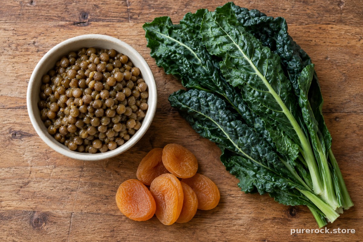 A wooden board with lentils, dark leafy greens and dried apricots, showing everyday dietary sources of iron