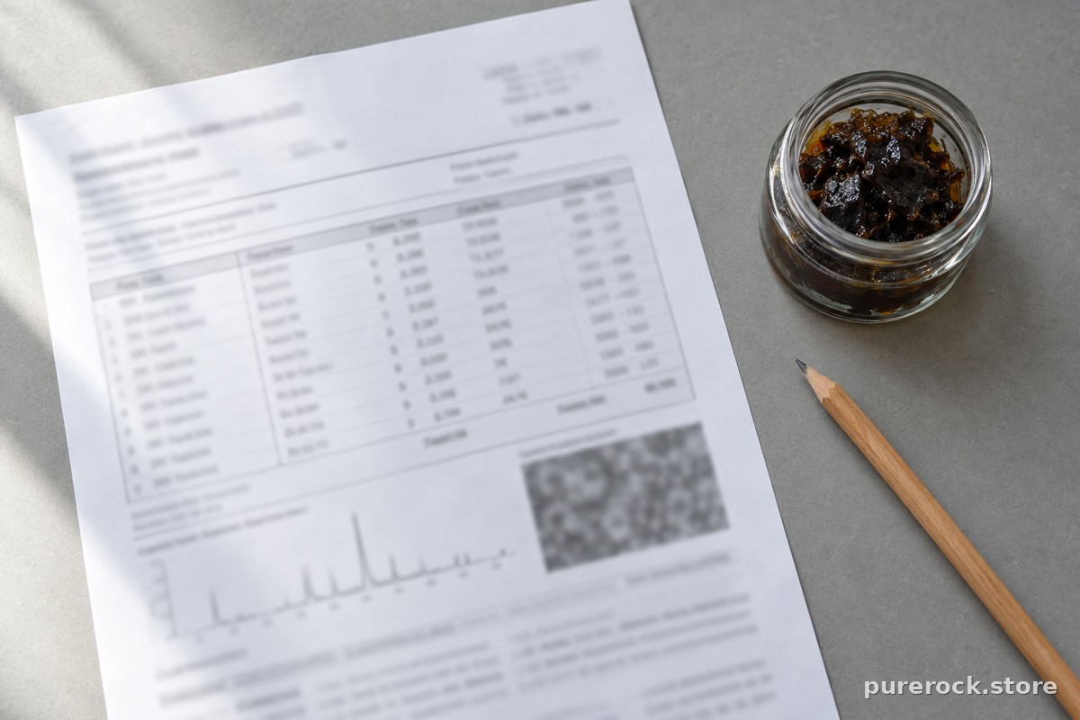 A printed laboratory analysis report with rows of numbers beside a small unlabeled jar of dark resin on a neutral desk