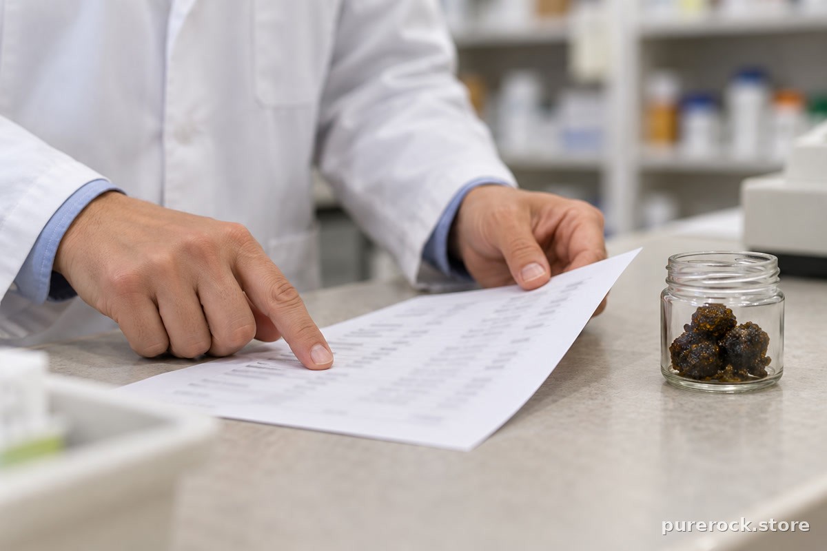 A pharmacist’s hands reviewing a medication list with an unlabeled supplement jar on the counter