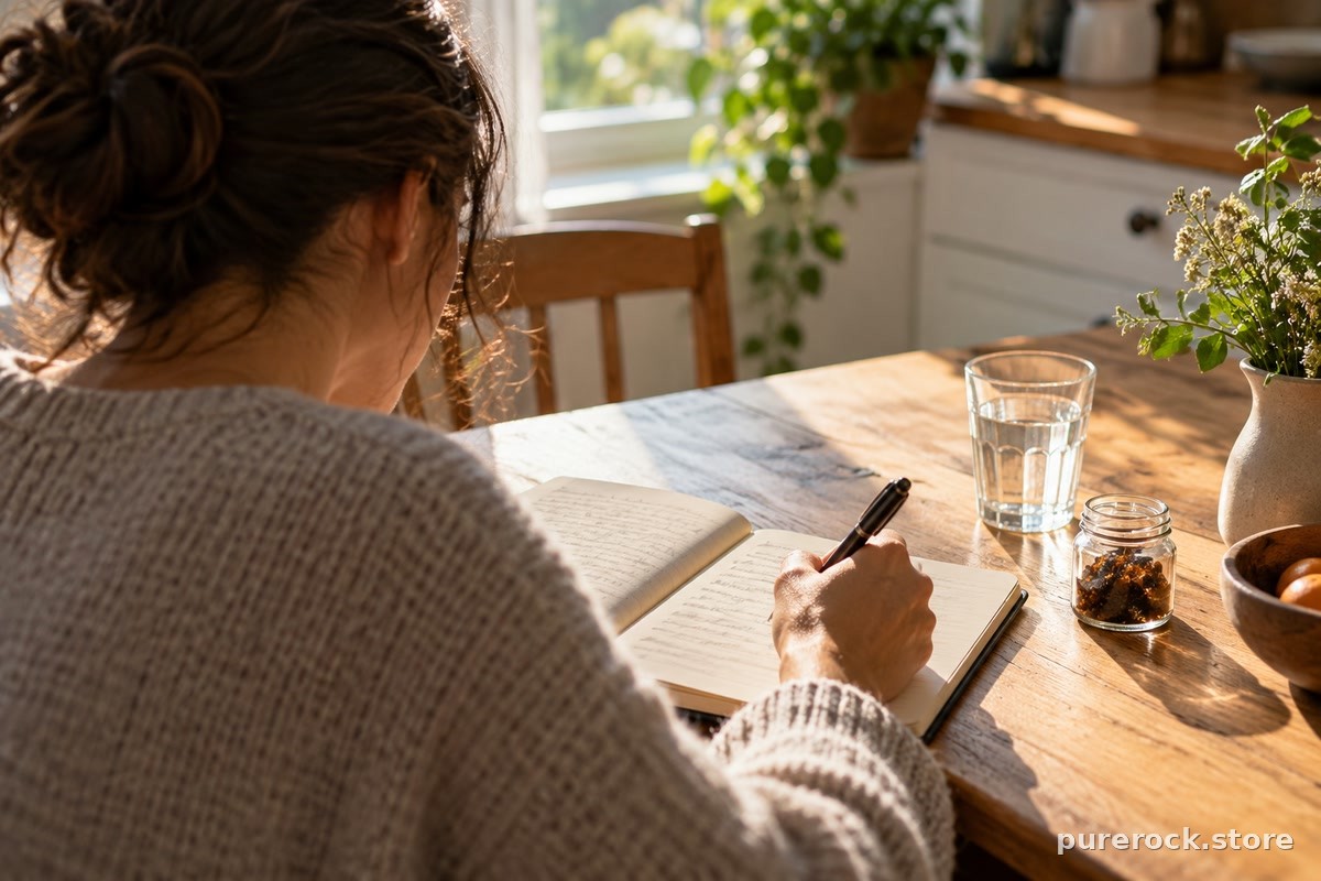 A person sitting at a kitchen table writing in a symptom journal beside a glass of water