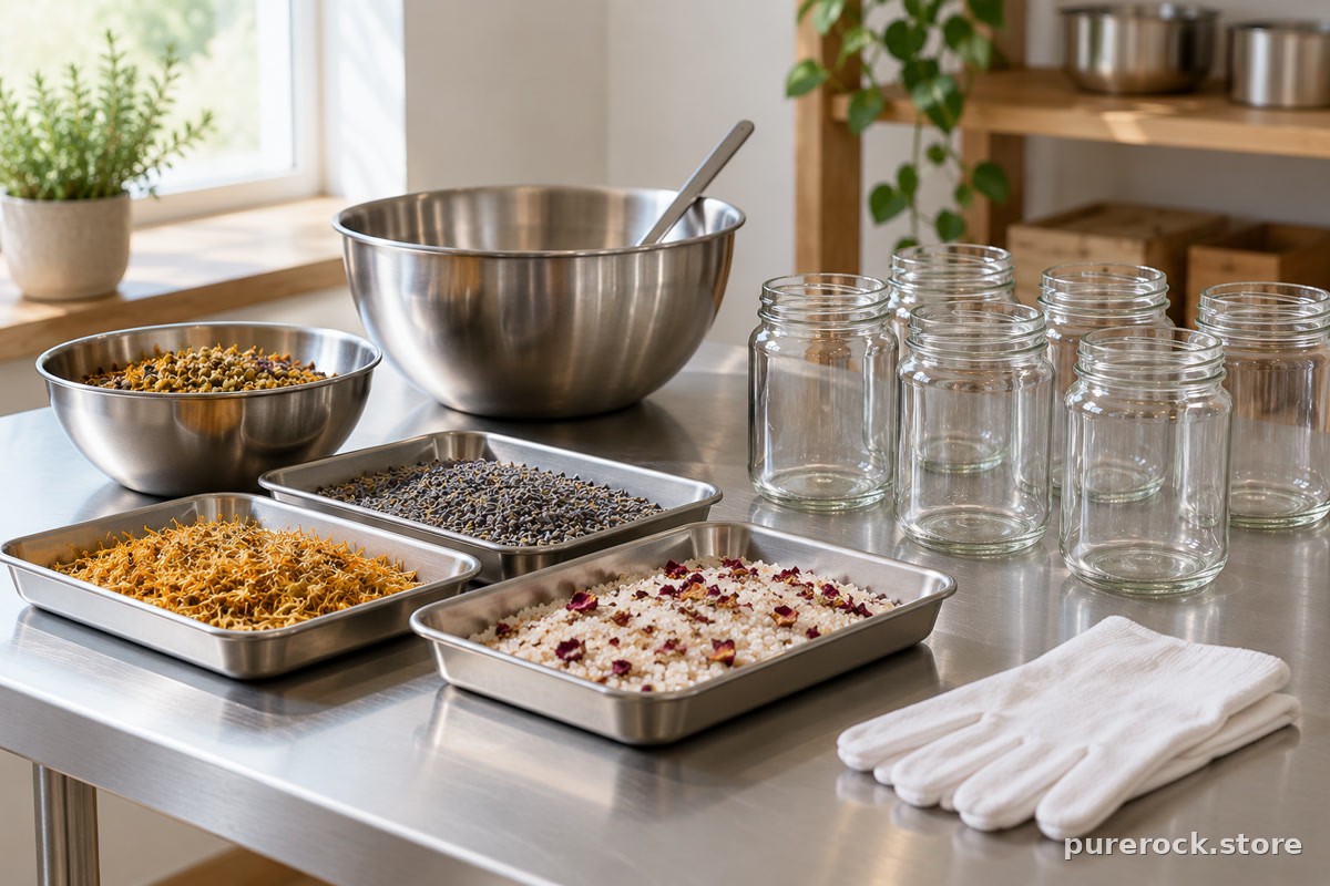 A tidy stainless steel production table with plain glass jars and folded gloves, representing a transparent and well-run manufacturer