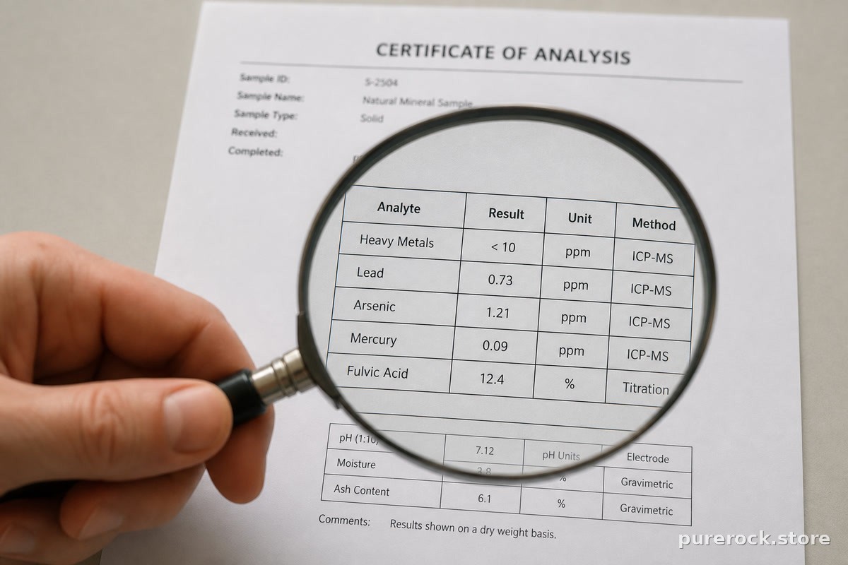 A magnifying glass held over a supplement Certificate of Analysis document showing tested values for heavy metals and fulvic acid percentage