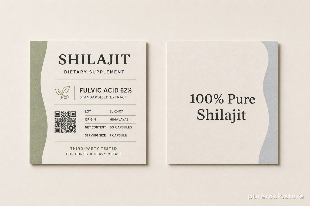 A side-by-side comparison of a trustworthy shilajit product label with visible lot number and QR code versus a vague label reading only