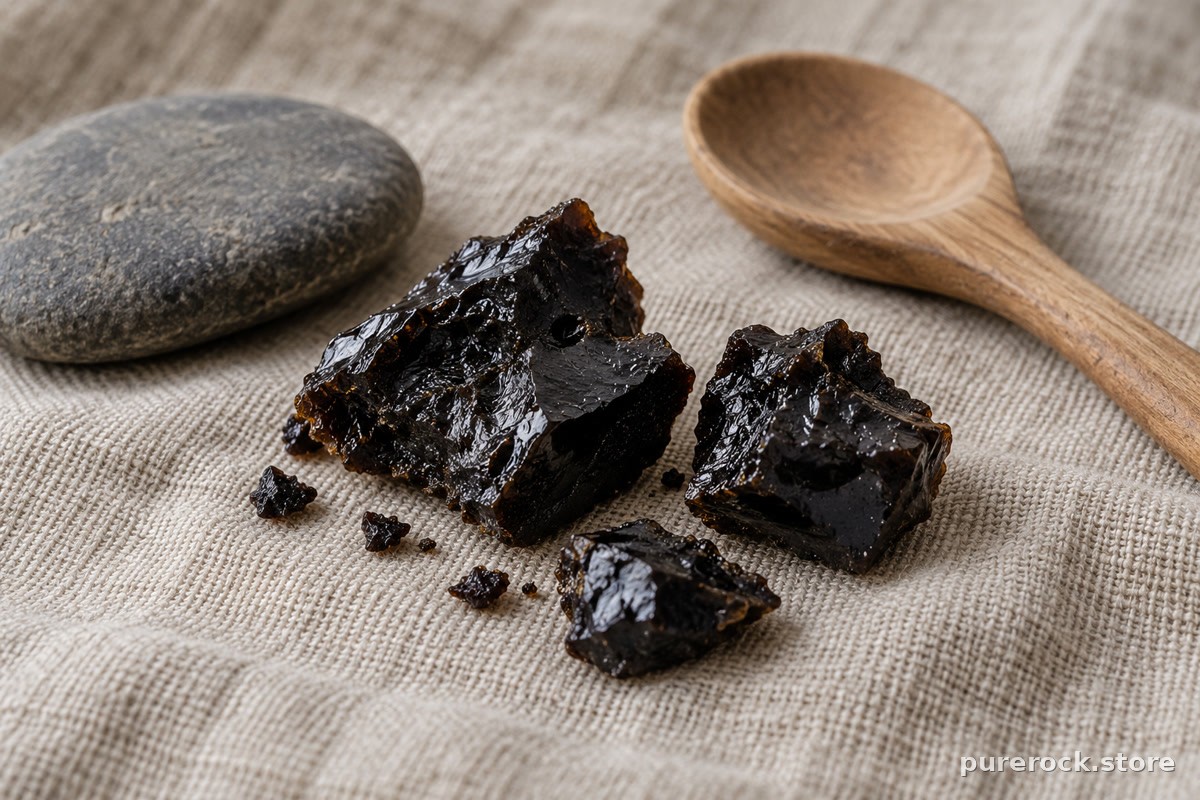 Chunks of raw dark resin on a linen cloth beside a river stone and wooden spoon, showing a natural material whose quality varies by batch