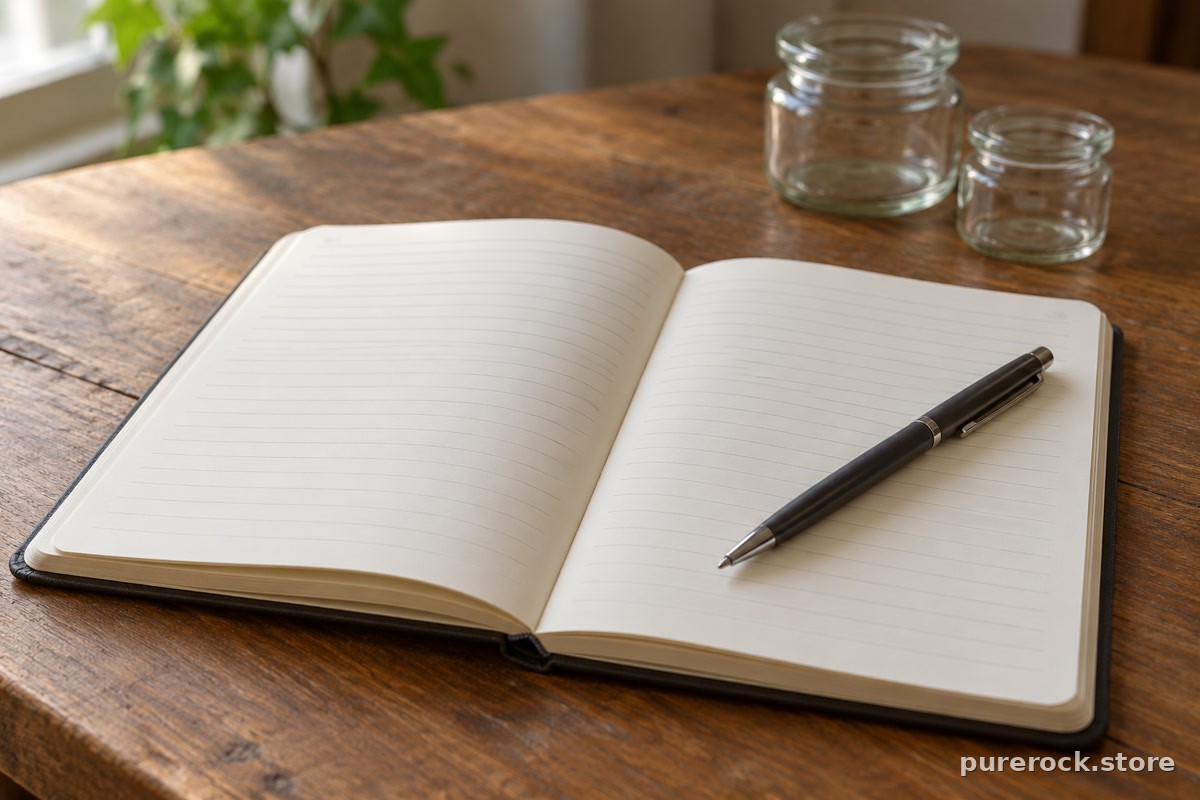 An open blank notebook with a pen and two blurred glass jars behind it, suggesting weighing a decision between two supplement options