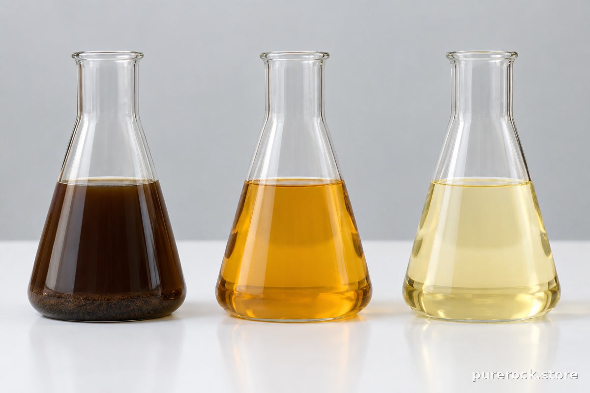 Three glass flasks of brown liquid in different shades on a lab bench, illustrating how humic material is separated into fractions by solubility