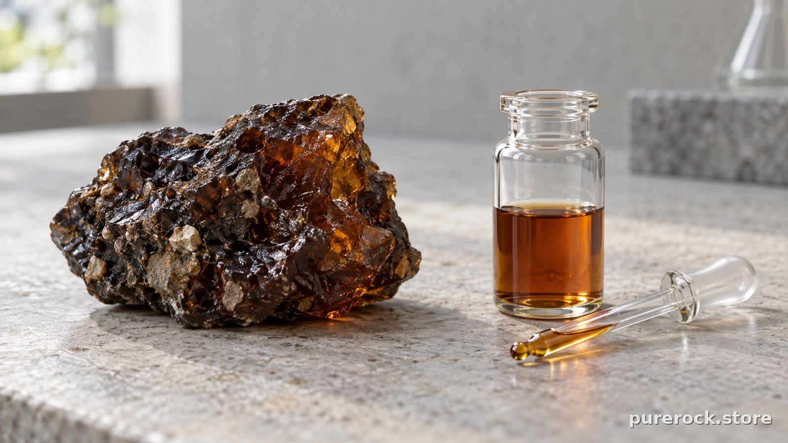 A dark lump of mineral resin beside a small glass vial of amber-brown liquid on a laboratory bench, contrasting a whole substance with an extracted fraction