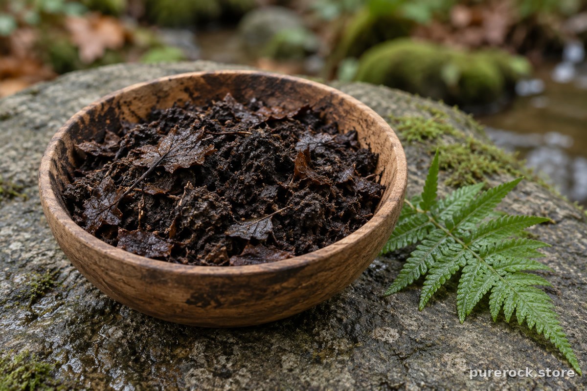A wooden bowl of dark forest soil and decayed leaf humus with a fern frond, illustrating the natural organic matter fulvic acid is extracted from