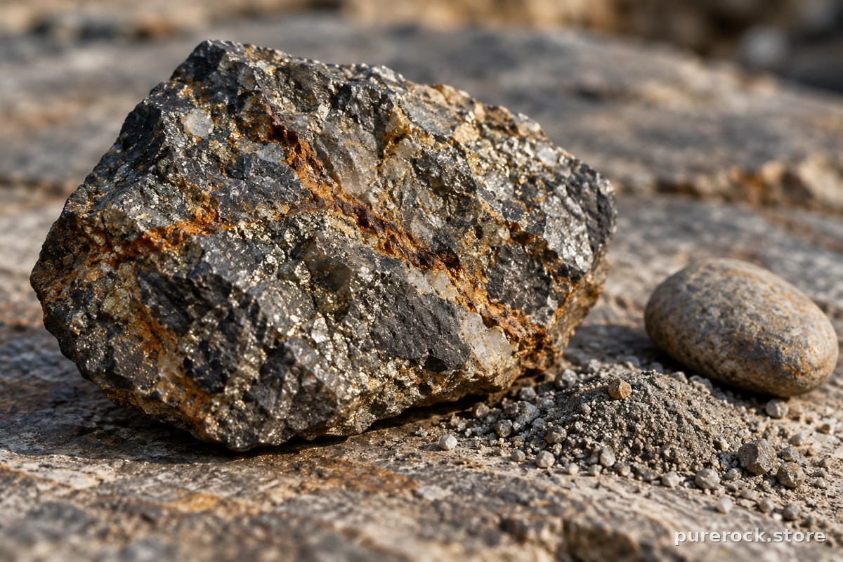A close-up of dark mineral-flecked rock with rust-coloured veins on a flat stone, suggesting the minerals and other constituents found in shilajit