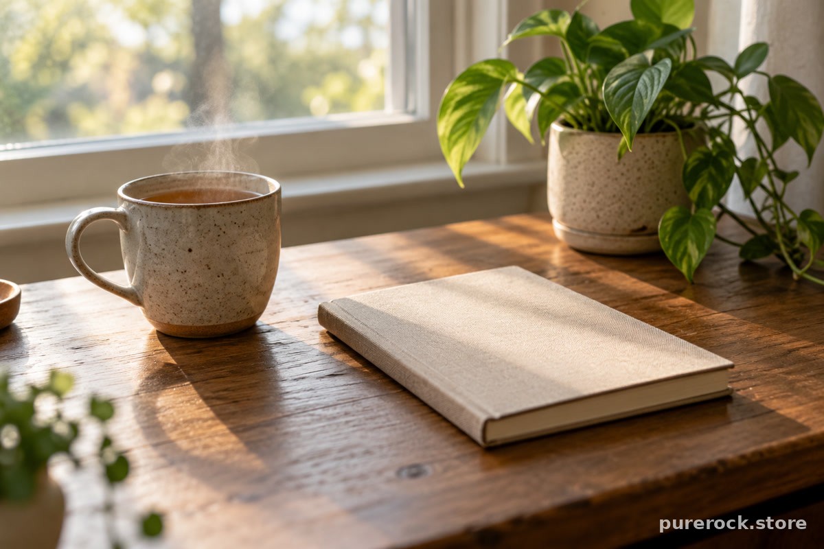 A quiet morning desk with a steaming cup of tea and a closed notebook by a window, setting the stress and cortisol section