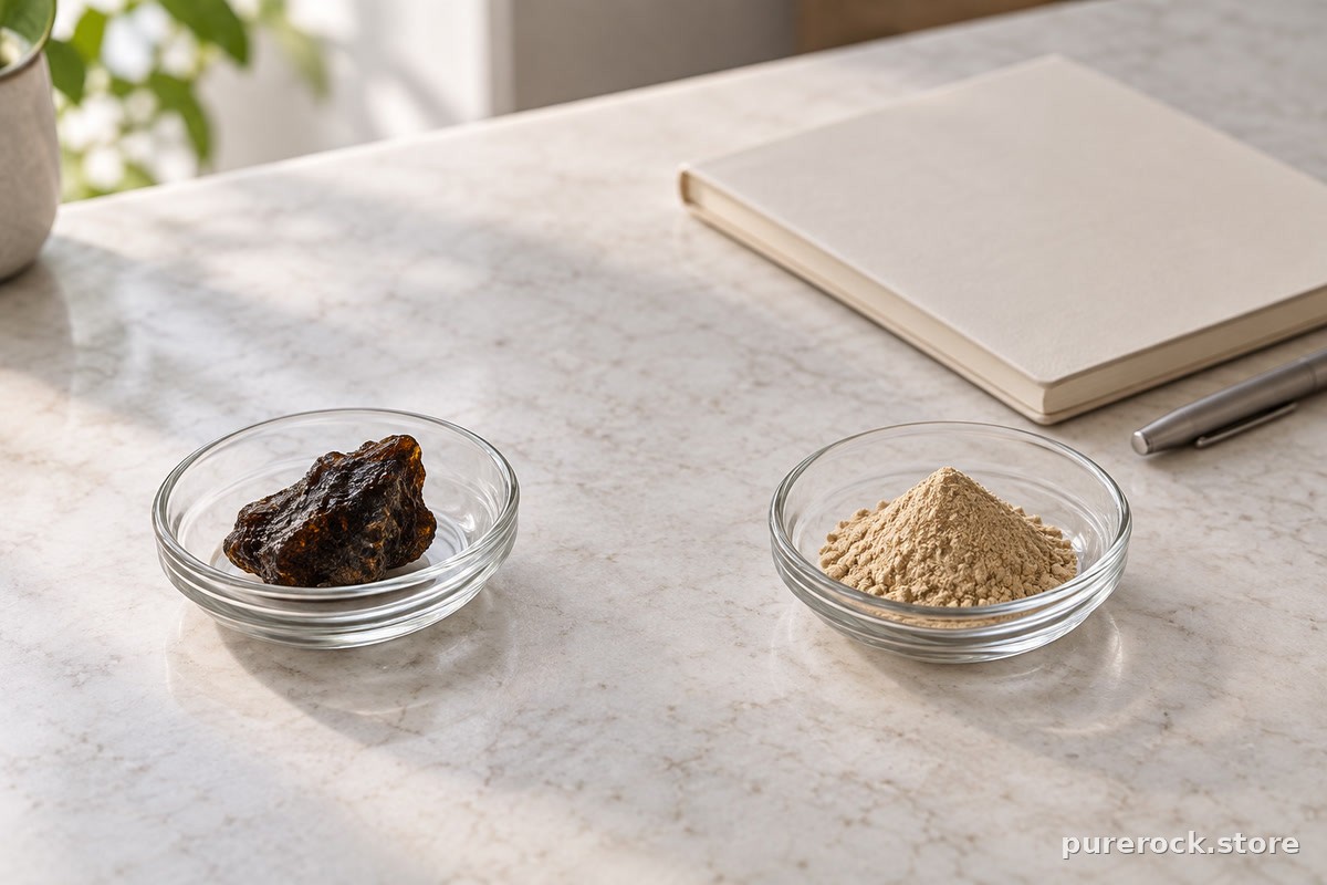 Two separate small glass dishes, one holding dark resin and one holding pale root powder, on a clean countertop beside a notebook, suggesting careful one-at-a-time evaluation